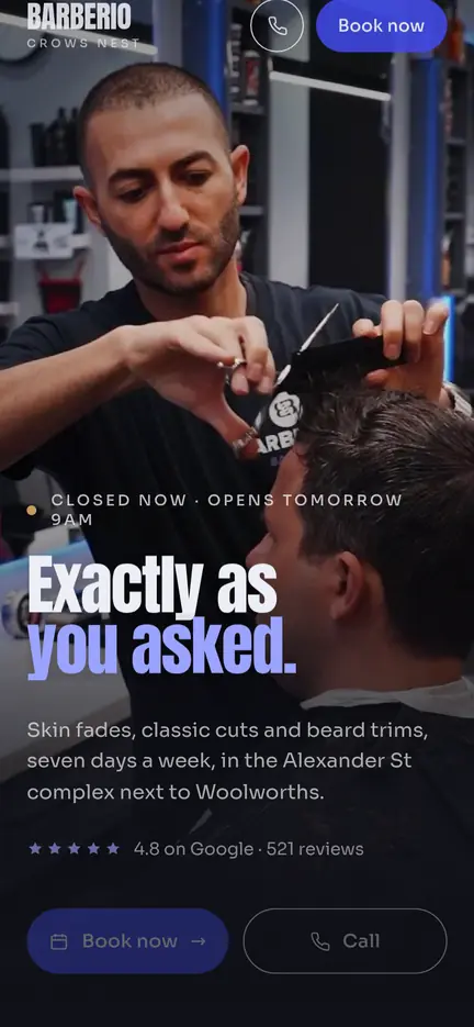 BARBERIO Barbershop website on a phone