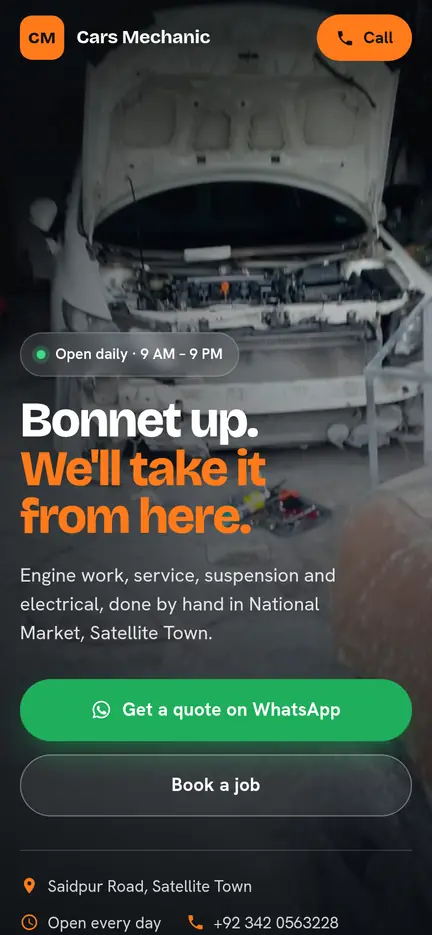 Cars Mechanic National Market website on a phone
