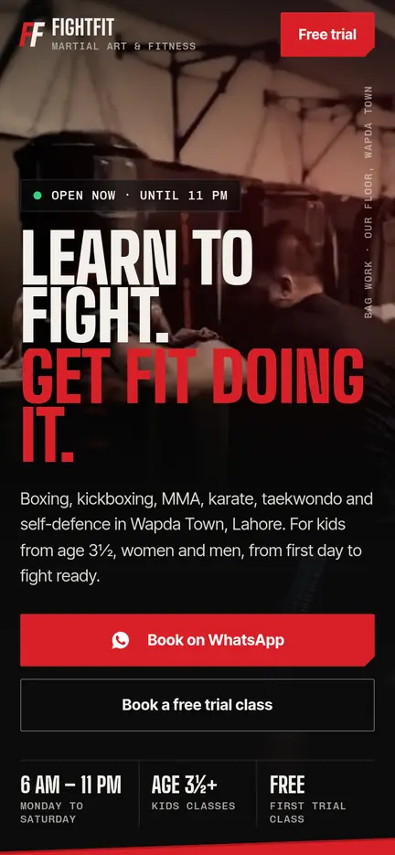 FightFit Martial Art & Fitness website on a phone