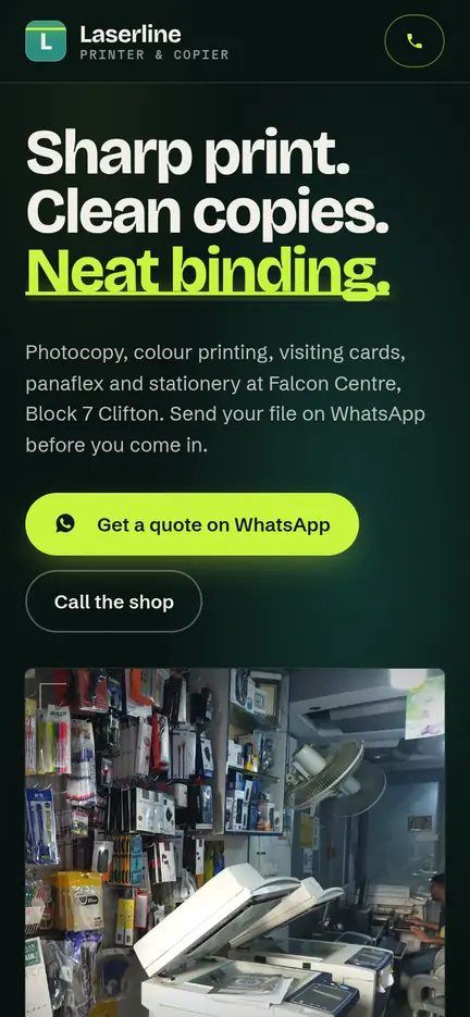 Laserline Printing website on a phone