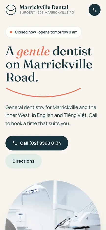 Marrickville Dental Surgery website on a phone