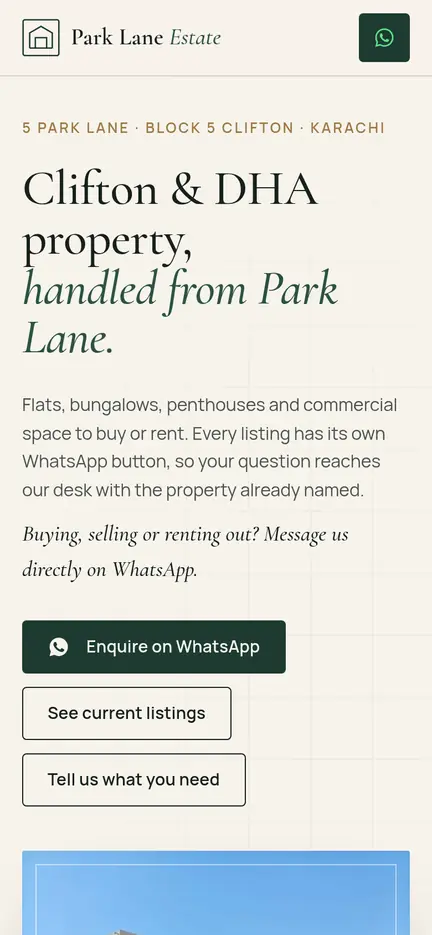 Park Lane Estate website on a phone