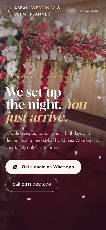 Abbasi Weddings & Event Planner website on a phone