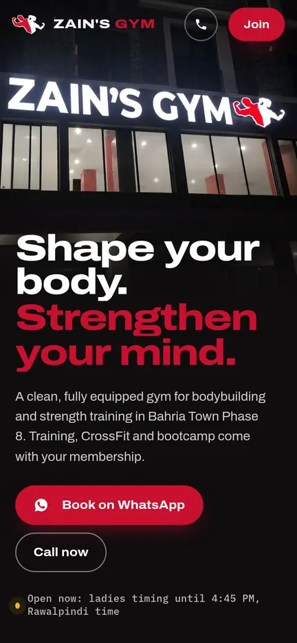 Zain’s Gym website on a phone